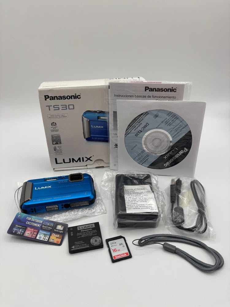 Panasonic Lumix DMC-TS30 16.1MP Compact Digital Camera Blue Bundle MINT