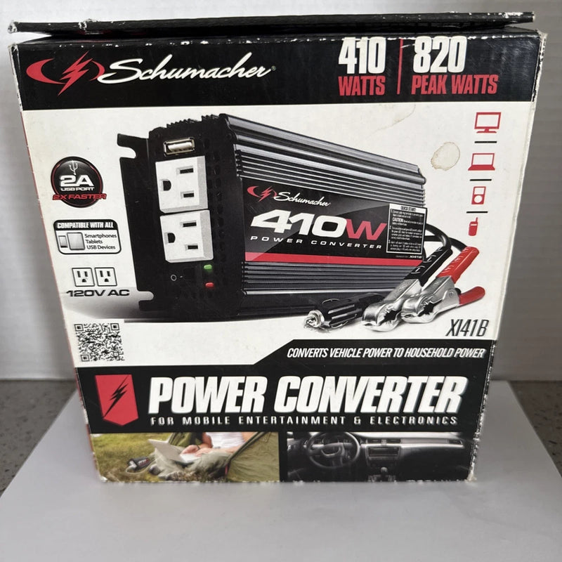 Schumacher 410W Power Converter 2 AC Outlet 1 USB Port 12v Input 120v AC 60hz