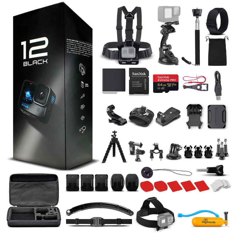 GoPro HERO12 waterproof action camera kit with accessories and 64GB memory card