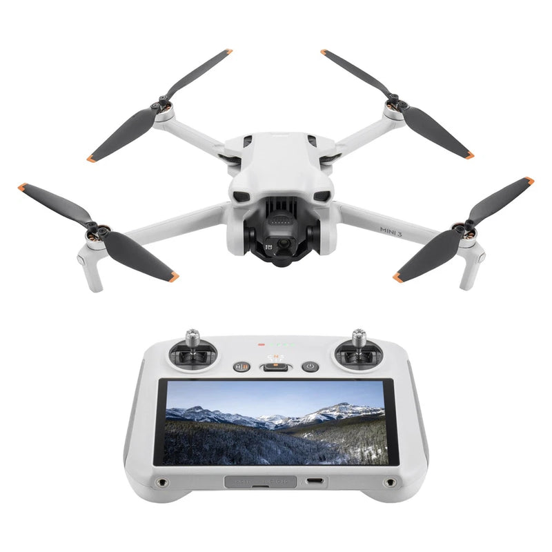 White quadcopter drone with four propellers and a handheld remote controller with screen