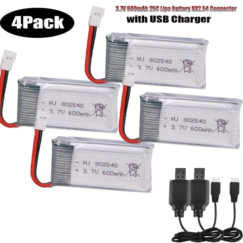 4-pack 3.7V 600mAh LiPo batteries with USB charger and leads for RC drones