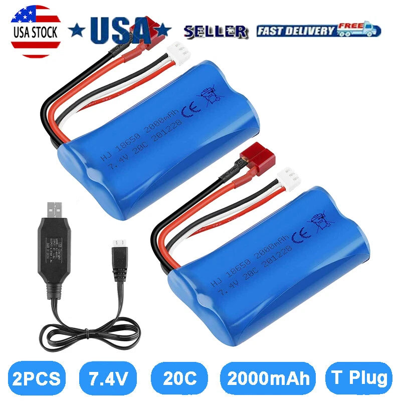 2Pcs 7.4V 2000mAh Battery T Plug USB Battery Charger for RC Car Boat Truck Buggy