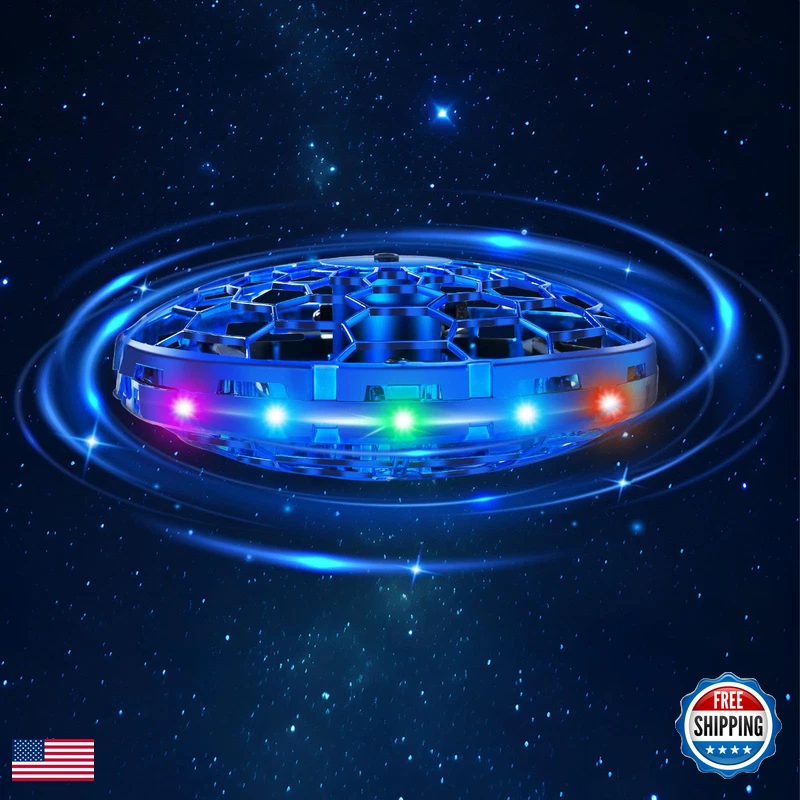 Hand-operated mini flying toy drone with glowing blue LED ring and 360 motion sensors