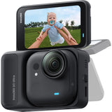 Insta360 GO Ultra action camera in Midnight Black with front screen and mount