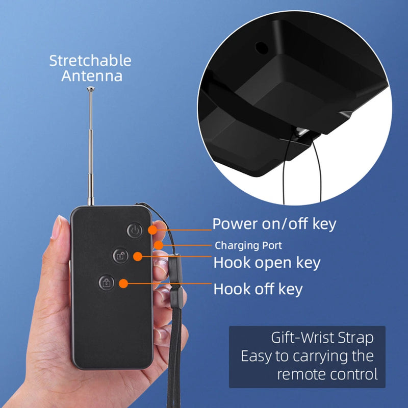 Black stretchable antenna remote control key fob with charging port and hooks