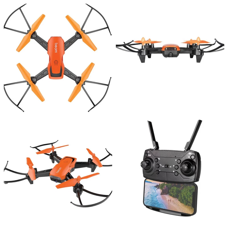 Orange quadcopter drone with HD camera and remote controller display