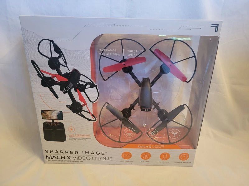 Black quadcopter video drone with camera, shown on retail box packaging