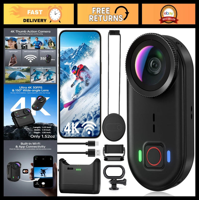 4K Mini Body Action Camera, 64GB Waterproof POV Cam, Portable WiFi Wearable for