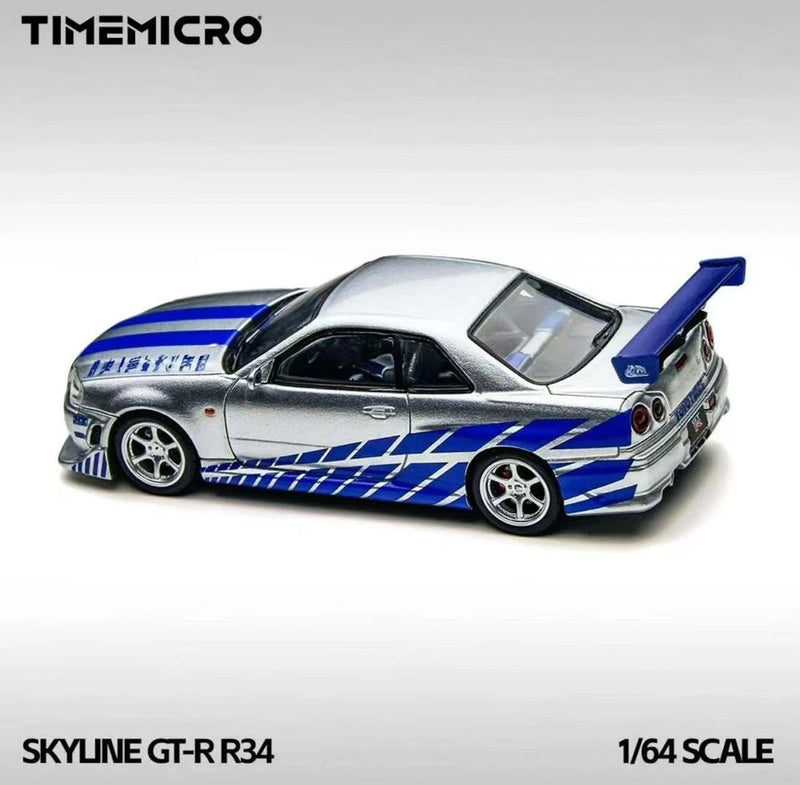 TM 1:64 Silver Blue FNF Skyline GTR R34 Sports Model Diecast Metal Car