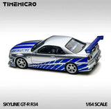 TM 1:64 Silver Blue FNF Skyline GTR R34 Sports Model Diecast Metal Car