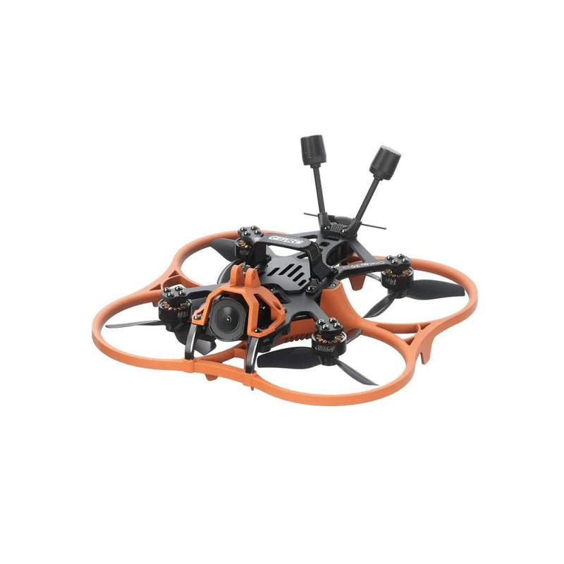 Orange and black FPV cinematic quadcopter drone with camera and two antennas