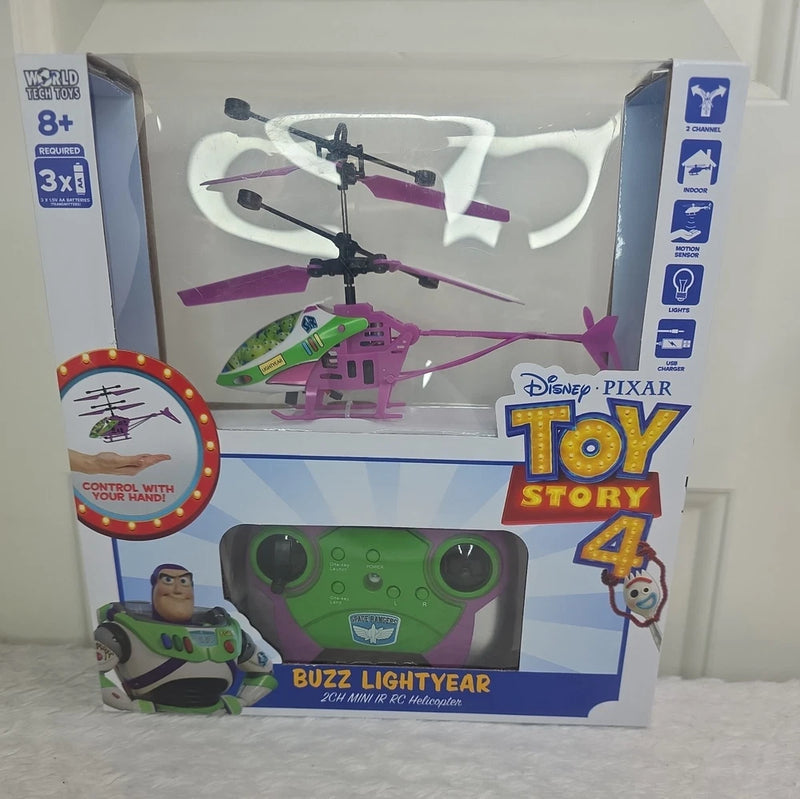 Buzz Lightyear RC helicopter toy in green control panel packaging box
