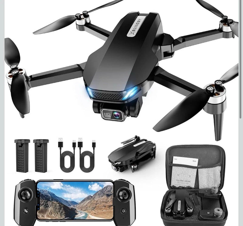FPV drone with camera, four propellers, remote controller and carrying case
