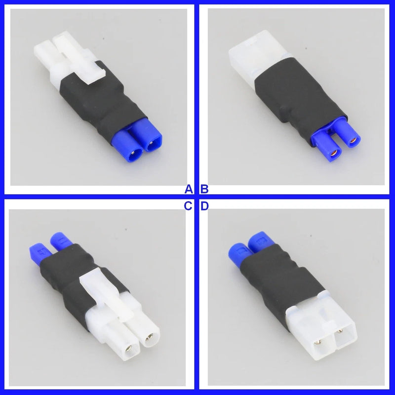 RC no-wire EC2 to Tamiya battery adapter with blue and black housings