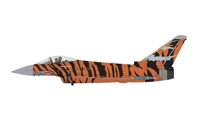 Orange and black camo fighter jet model with detailed cockpit and wings