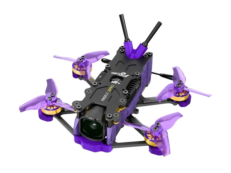 Purple micro quadcopter drone with four propellers and black body, visible front camera lens