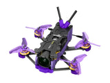 Purple micro quadcopter drone with four propellers and black body, visible front camera lens