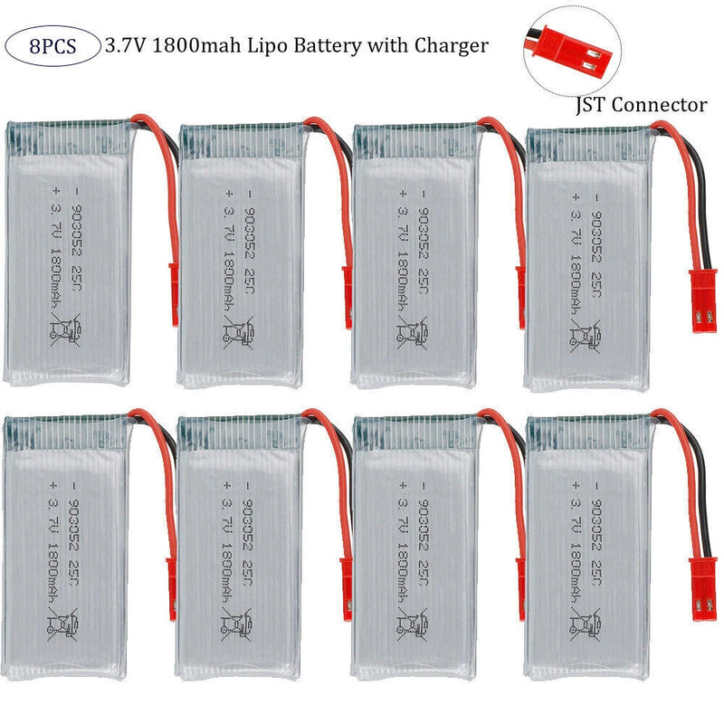 8Pcs 3.7V 1800mAh 25C Lipo Battery JST Connector with Charger Cable for RC Drone