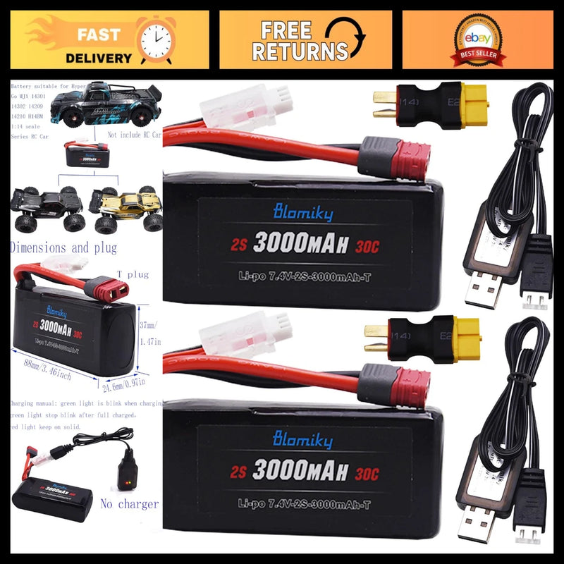 2 Pack 7.4V 3000mAh Shorty T Plug Lipo Battery with XT60 Converter for RC Trucks Converter