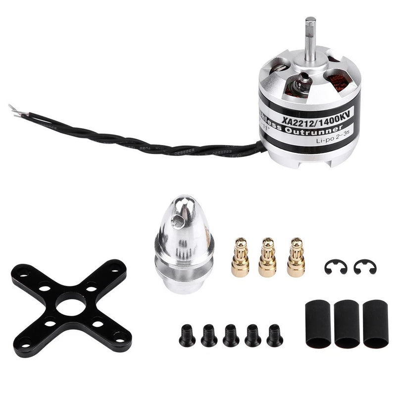 Brushless RC motor kit with silver motor, mounting plate, connectors, screws, and heat-shrink sleeves