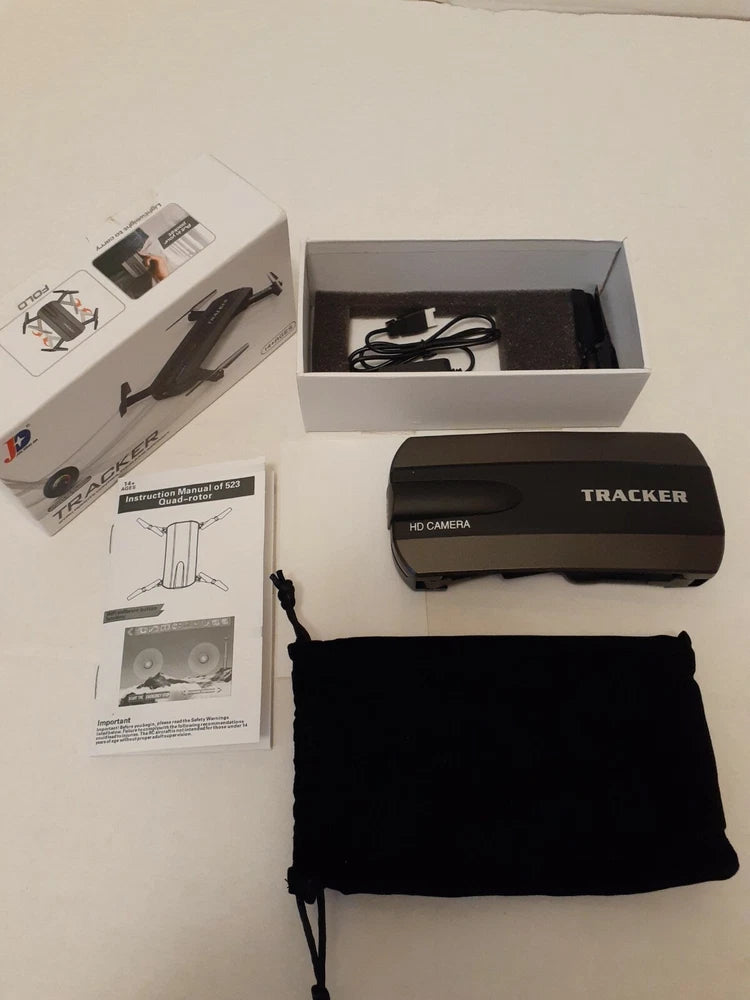 Foldable mini selfie drone with HD camera, cables and storage pouch in box