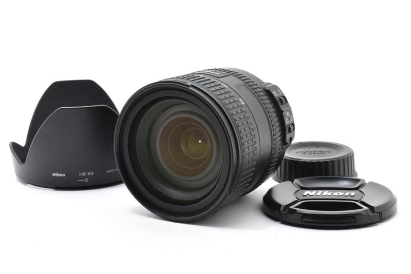 Nikon AF-S 24-85mm camera lens with front glass, rear cap and lens hood