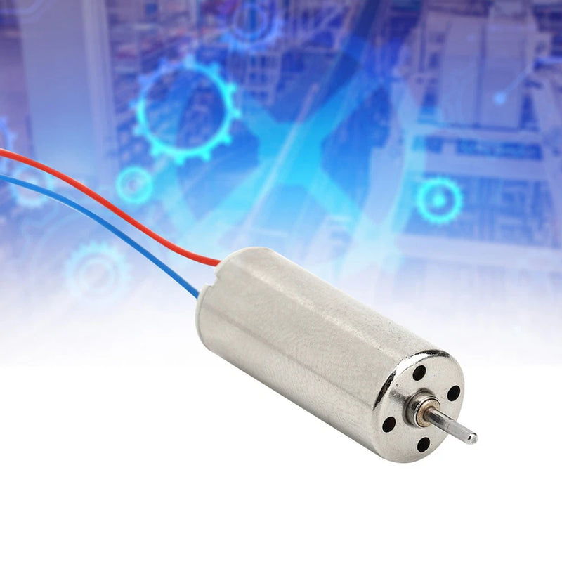 Cylindrical RC quadcopter motor, silver metal body with front shaft and two wire leads