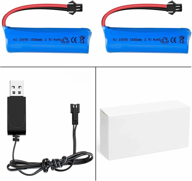 2Pcs 3.7V 1500mAh RC SM 2Pin Plug Rechargeable Battery + USB Charger Cable