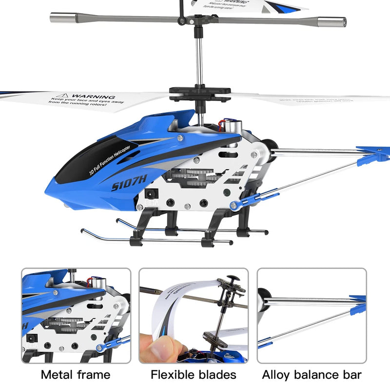 Blue and white 2.4GHz remote control helicopter with metal frame, flexible blades, balance bar