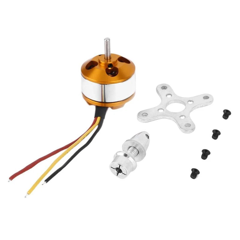 Brushless quadcopter motor with orange housing, three-wire leads, mounting plate and screws