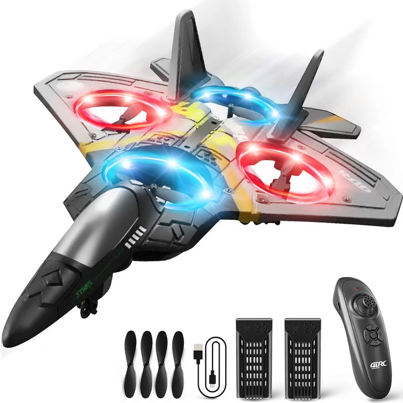 Yellow/blue RC foam stunt jet with red/blue LED lights, remote and props
