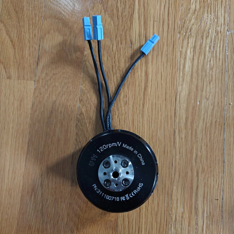 Black brushless UAV motor with blue 2-pin connectors and cable leads