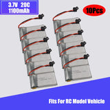 RC LiPo battery pack (3.7V 1100mAh) with SM plug, red/black lead wires, 10-piece set