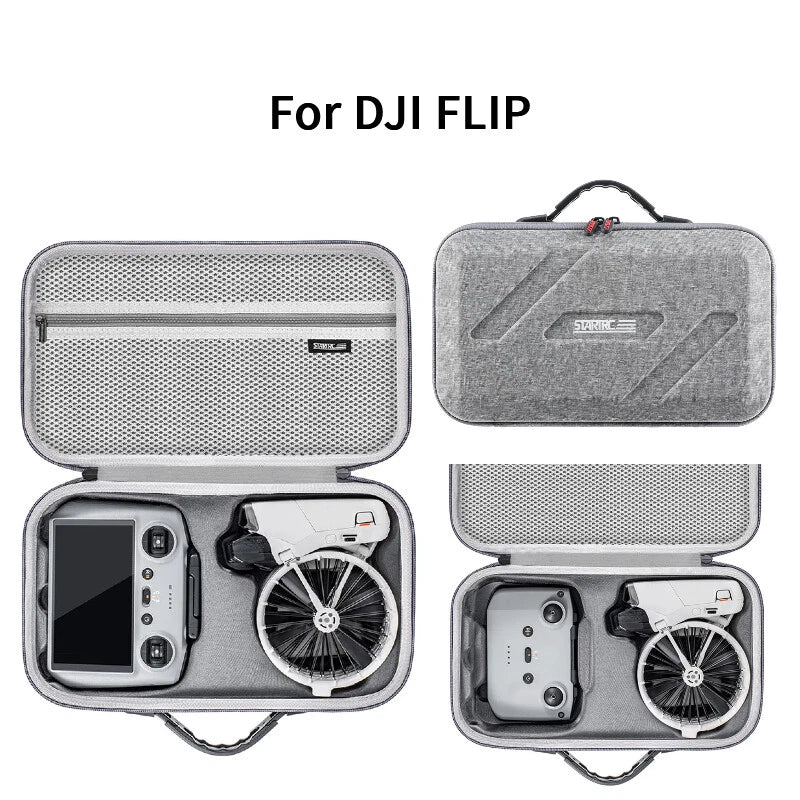 Portable drone hard carrying case with gray mesh lining and zip compartments