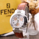 Fendi women’s chronograph wristwatch with white dial, silver case, brown leather strap