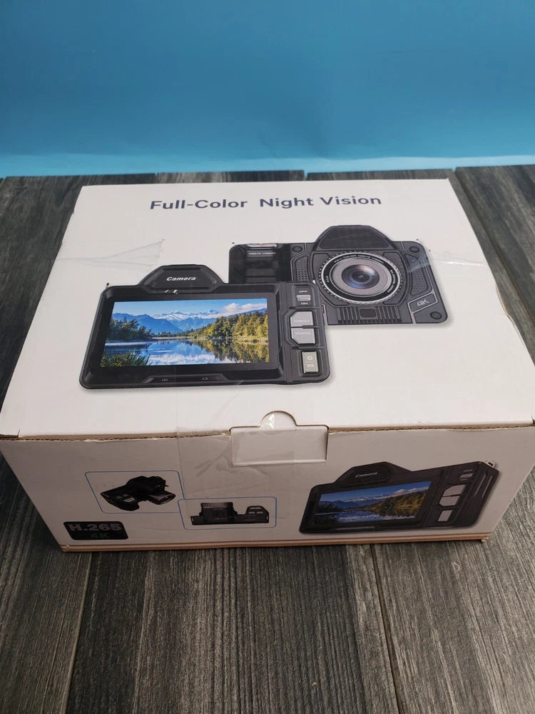Digital camera retail box with front shows camera and flip screen
