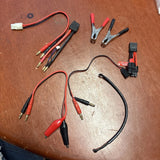 RC LiPo battery plug set with assorted wiring leads and connector clips