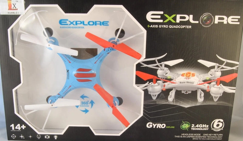2.4GHz RC quadcopter drone in retail box with orange and white rotor blades