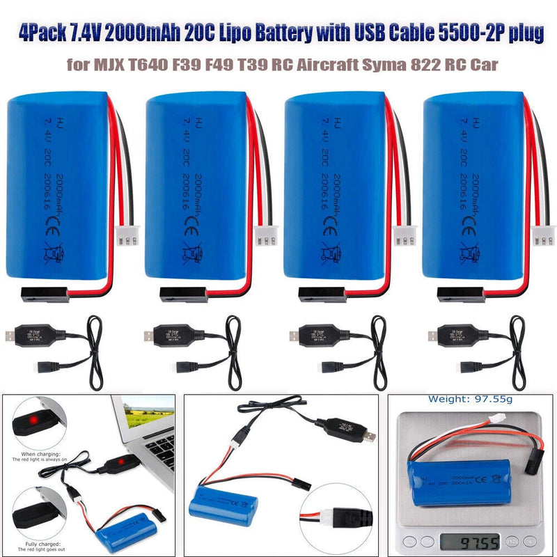 4Pack 7.4V 2000mAh Lipo Battery 2S for RC Car Aircraft Syma 822 MJX T640 F39 F49