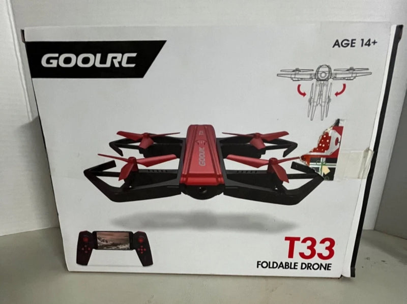 Foldable mini quadcopter drone box with red-and-black drone and controller