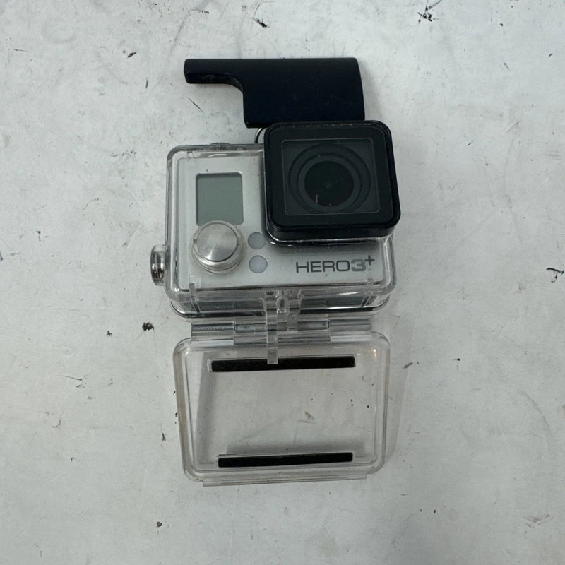GoPro HERO3+ action camera in clear waterproof case with black mounting handle