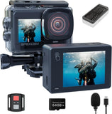 apexcam action camera kit with front LCD screen, 64GB memory card, mic, battery pack