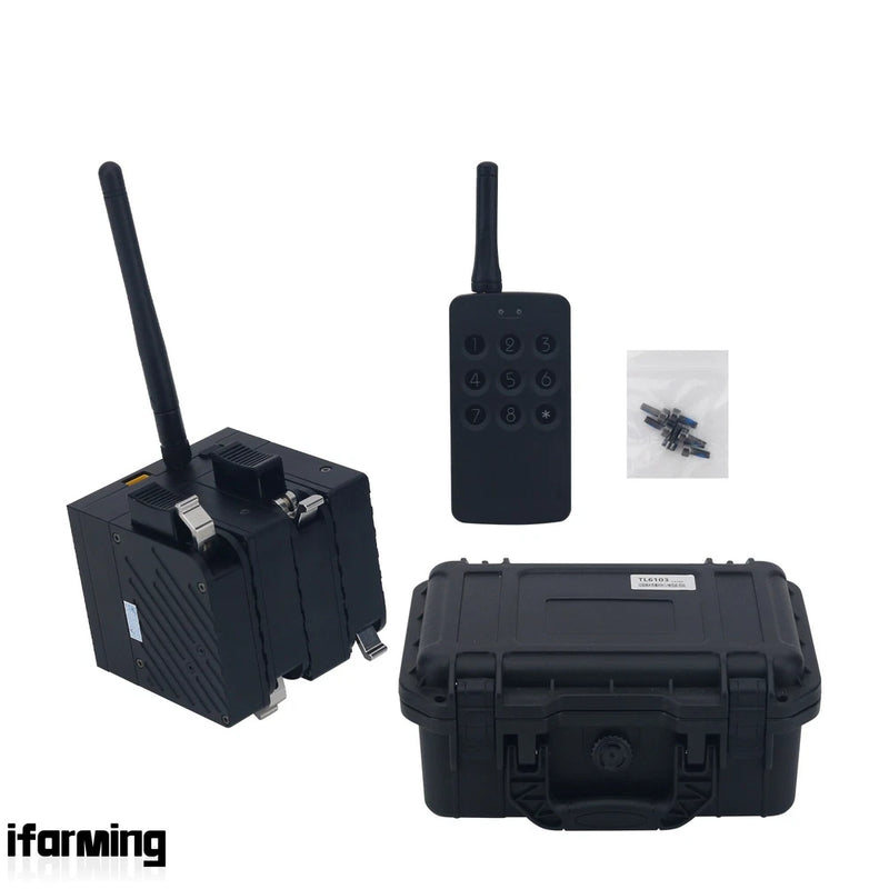 Black remote-controlled air drop drone launcher with antenna and protective case