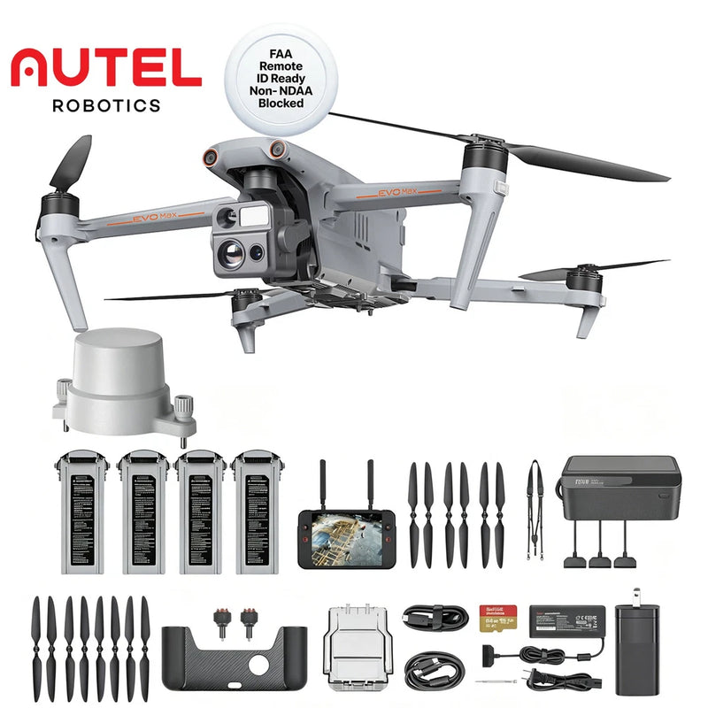 AUTEL robotics drone with battery pack, controller, propellers, and charging cables