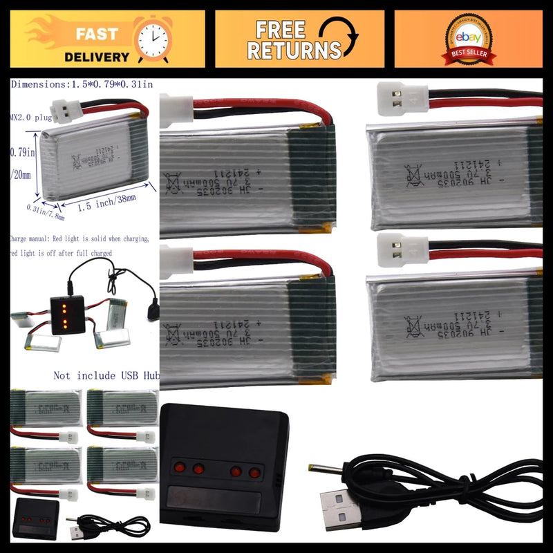 4-pack RC LiPo drone batteries with wiring, white connector, and board box with USB cable