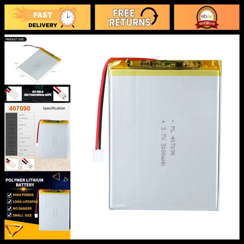 3000mAh 3.7V LiPo Battery with JST PH2.0mm Connector - Rechargeable Power Pack Battery