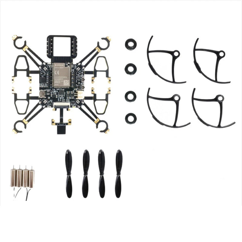 Quadcopter drone kit with circuit board and four black propellers