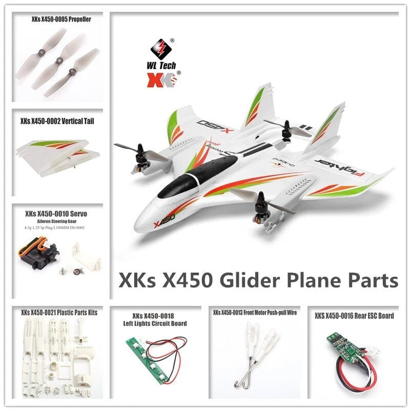 RC glider plane spare parts set: motor, circuit board, servo, and tail blade