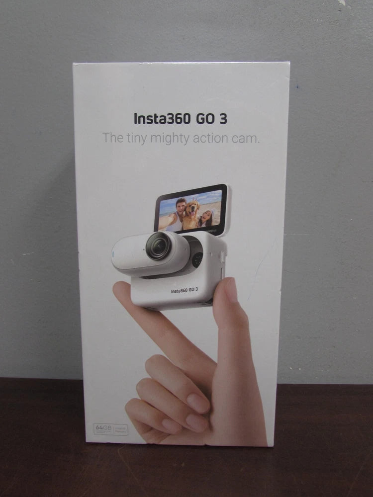 Insta360 GO 3 action cam box with camera and screen preview
