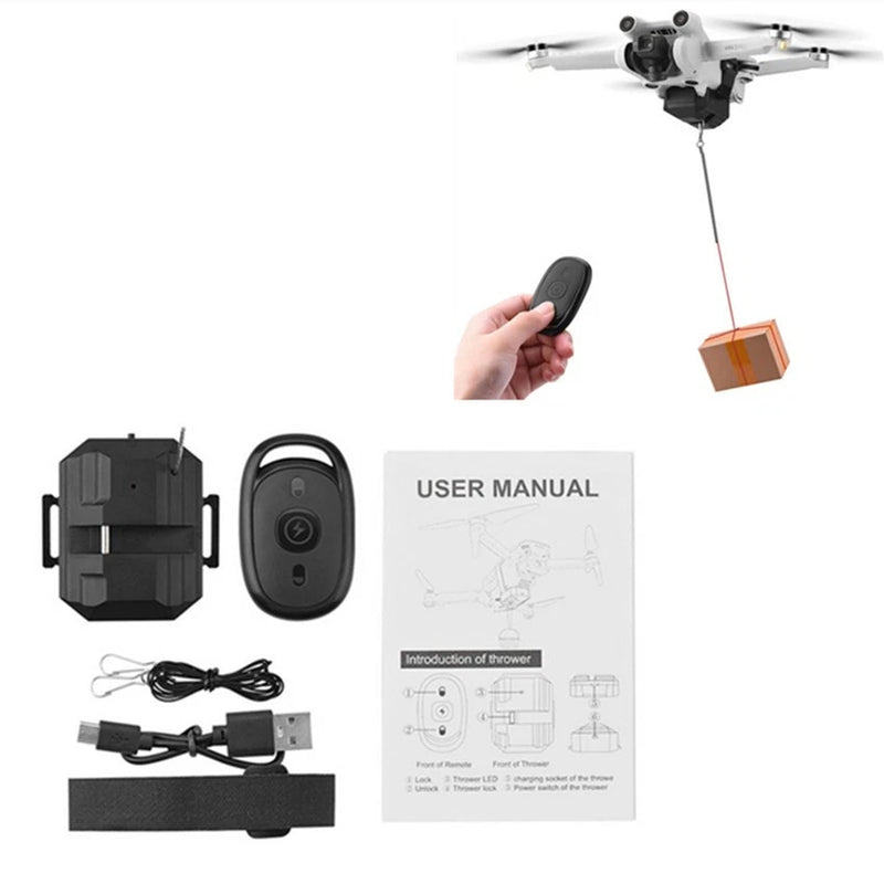 DJI drone airdrop thrower device kit with remote, manual, and cables